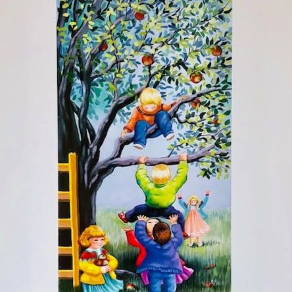 Le pommier by Ginette Laplante – 13.75" x 19.75" Children Playing Apple Tree Art